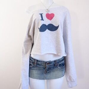 2010s i heart mustache cropped sweatshirt off shoulder grey [L]